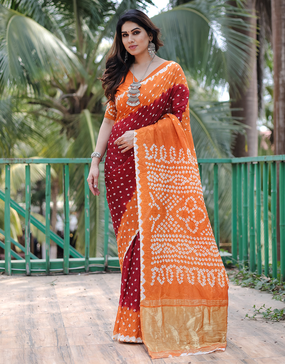 Orange & Maroon Hand Bandhej Bandhani Saree With Zari Weaving Work