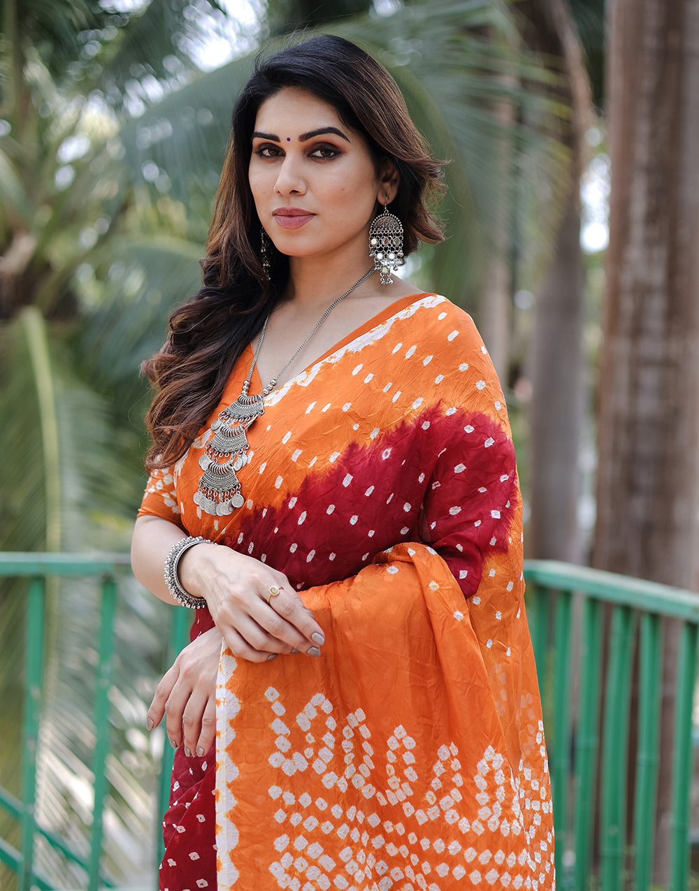 Orange & Maroon Hand Bandhej Bandhani Saree With Zari Weaving Work