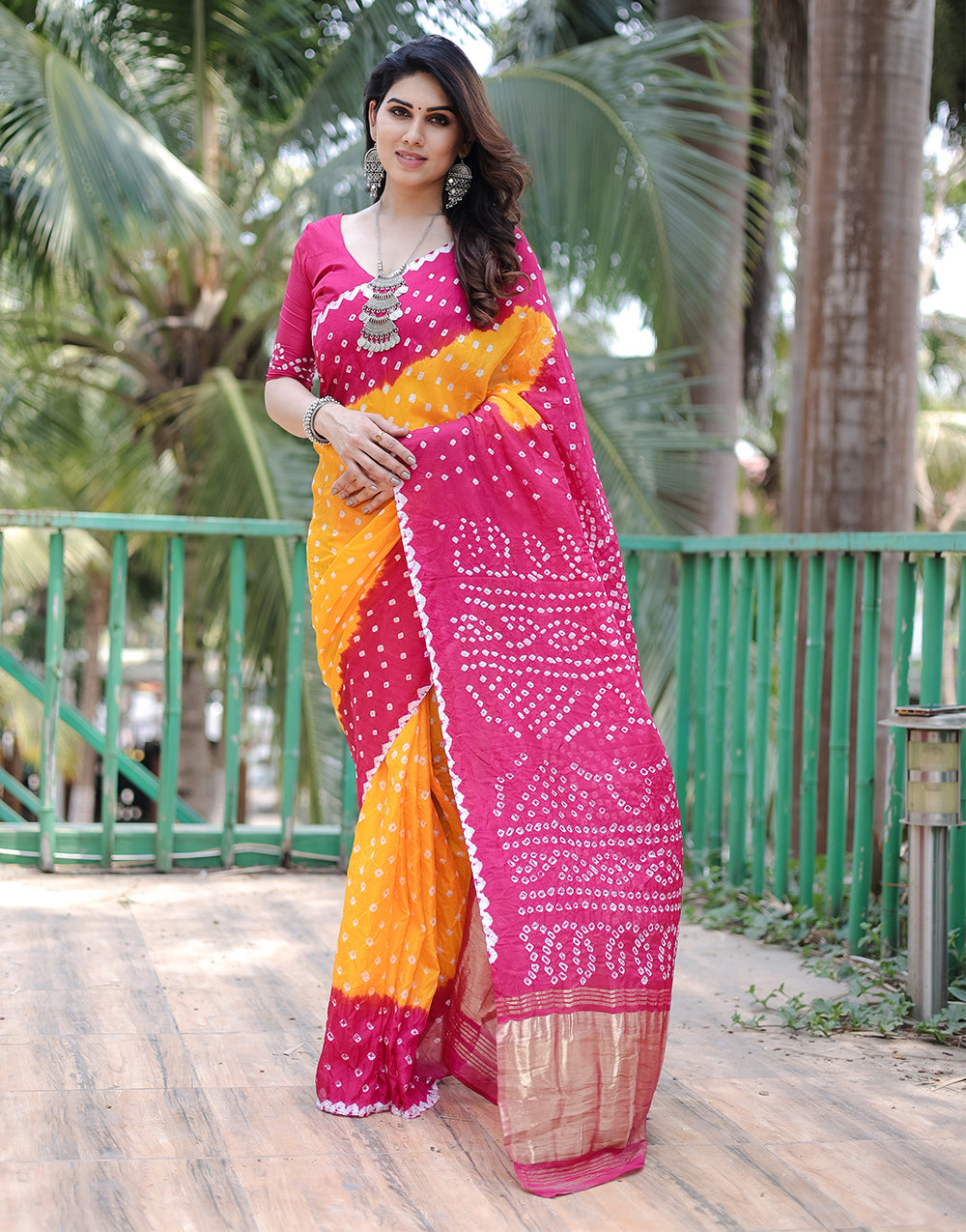 Barbie Pink & Yellow Hand Bandhej Bandhani Saree with Zari Weaving Work