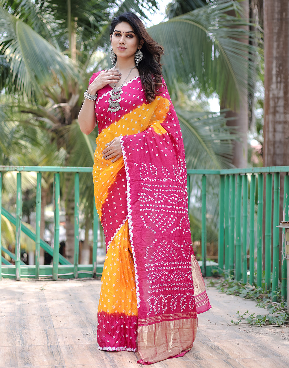 Barbie Pink & Yellow Hand Bandhej Bandhani Saree with Zari Weaving Work