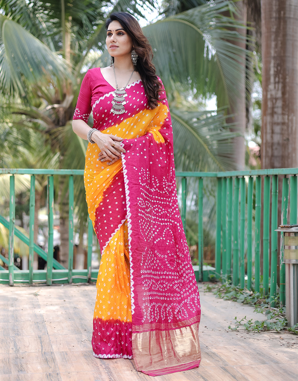 Barbie Pink & Yellow Hand Bandhej Bandhani Saree with Zari Weaving Work