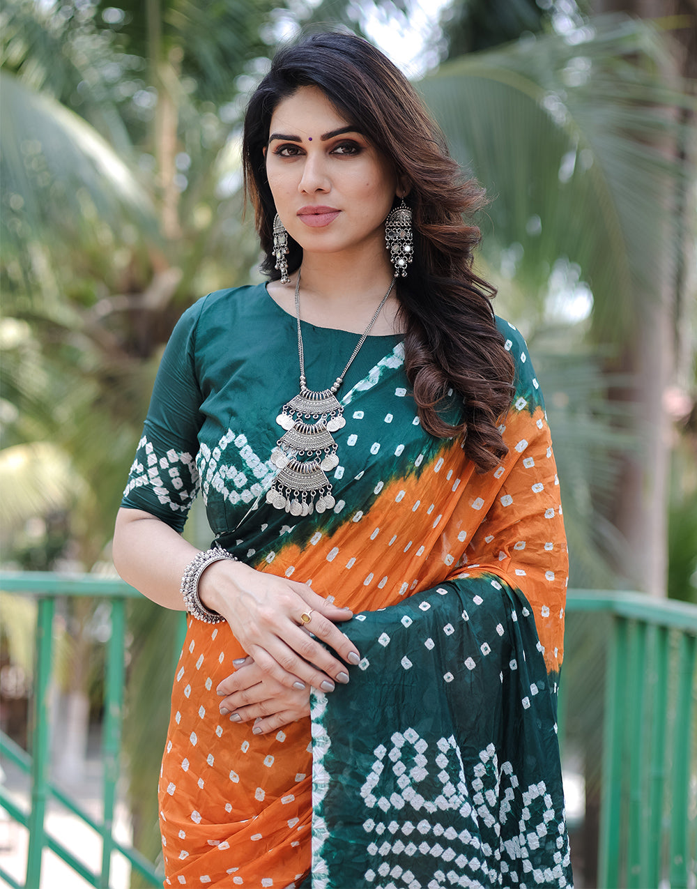 Green & Orange Hand Bandhej Bandhani Saree with Zari weaving Work
