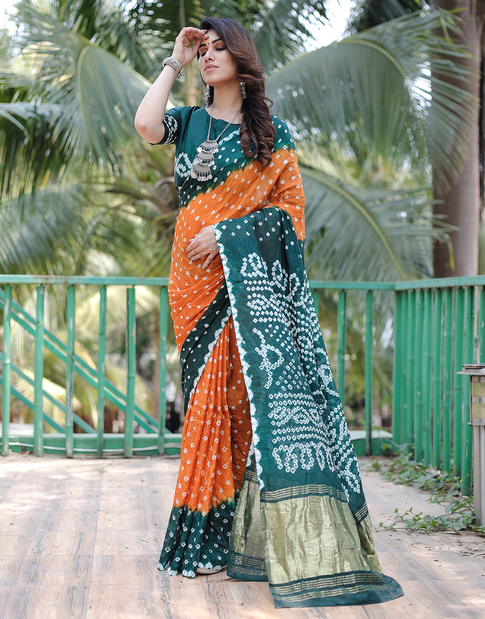 Green & Orange Hand Bandhej Bandhani Saree with Zari weaving Work