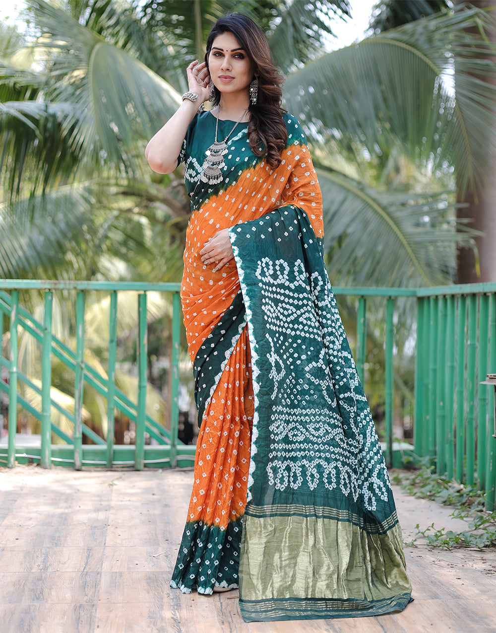 Green & Orange Hand Bandhej Bandhani Saree with Zari weaving Work