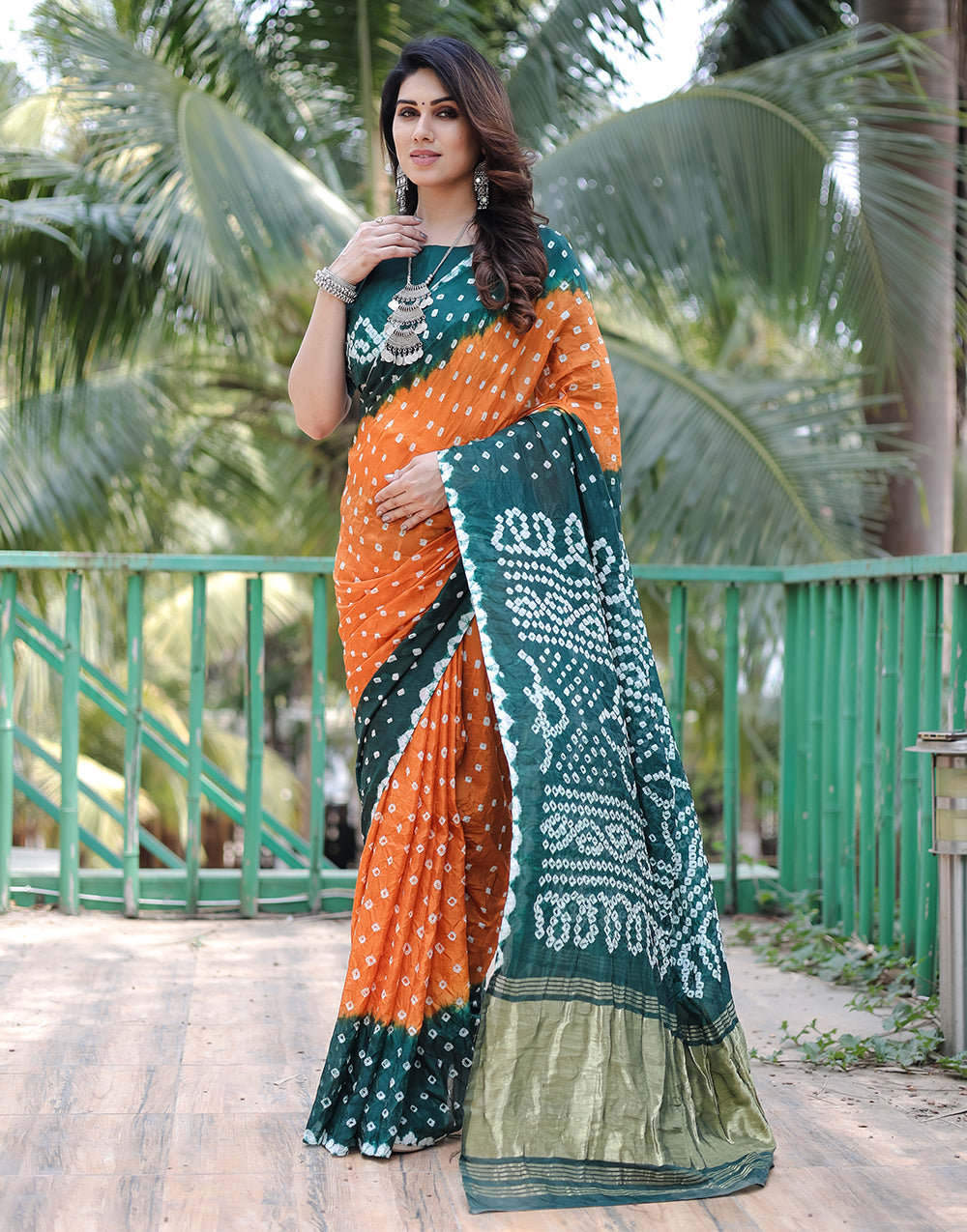 Green & Orange Hand Bandhej Bandhani Saree with Zari weaving Work