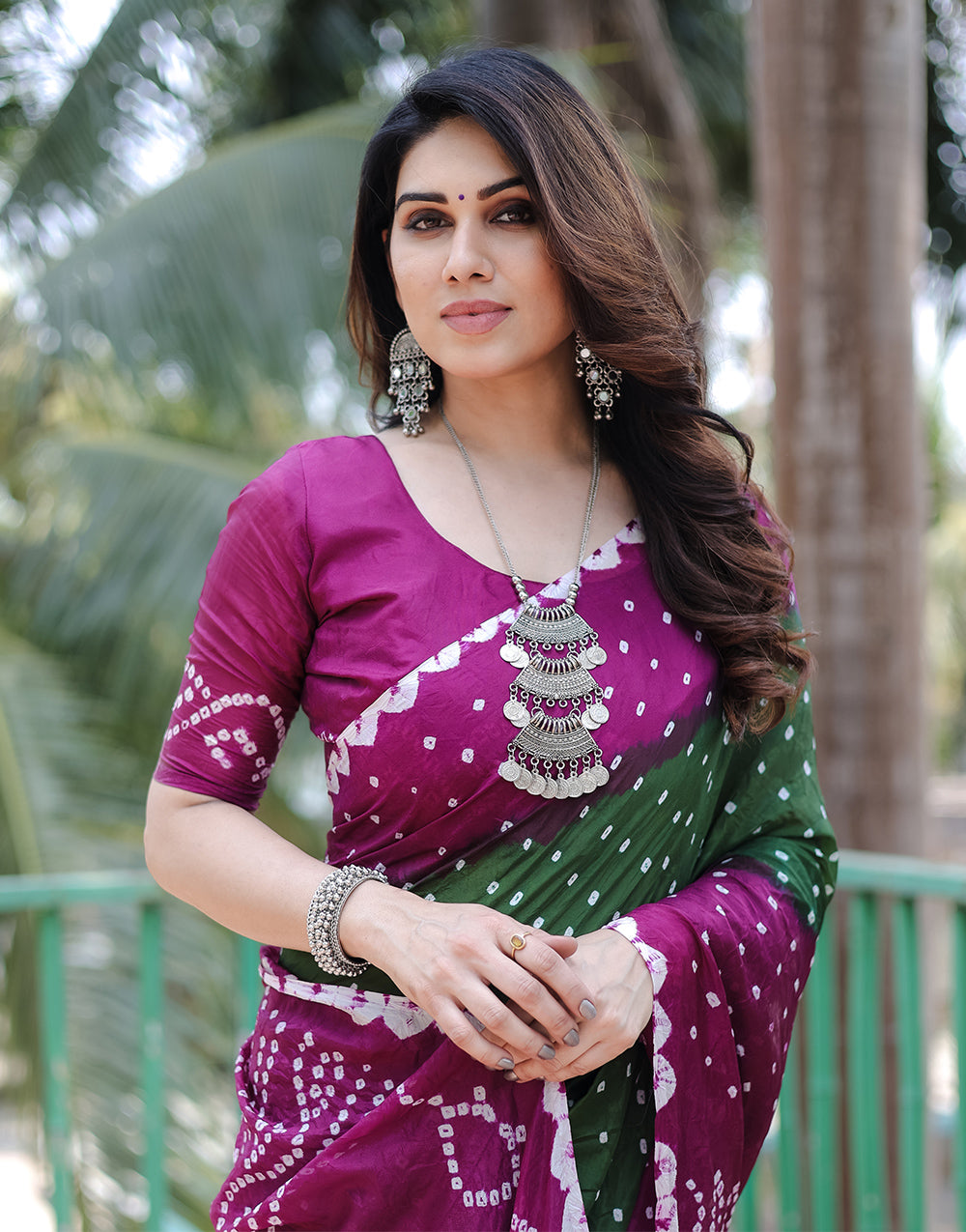 Purple & Green Hand Bandhej Bandhani Saree With Zari Weaving Work
