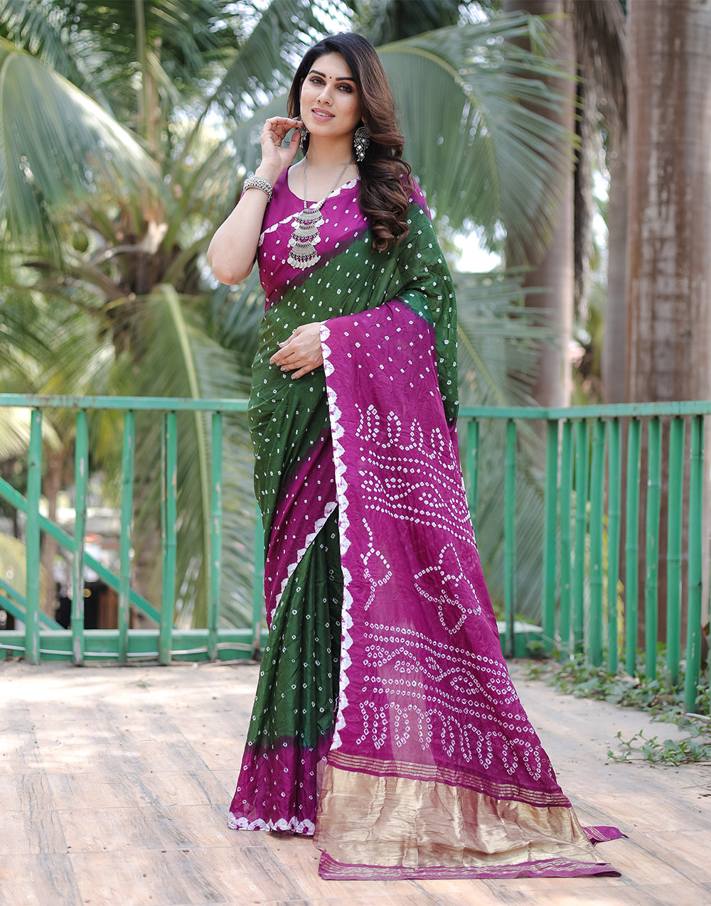 Purple & Green Hand Bandhej Bandhani Saree With Zari Weaving Work