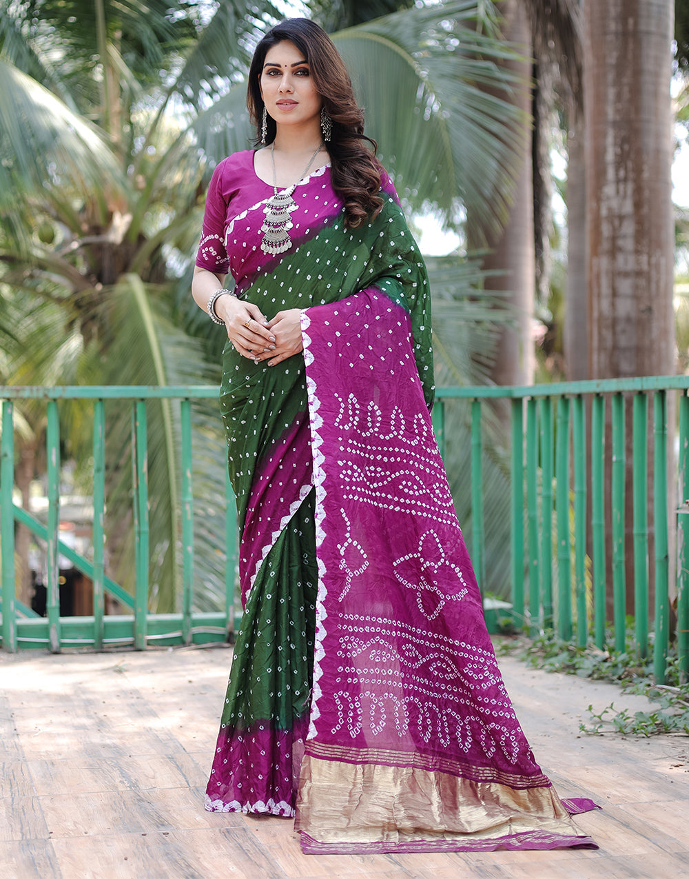 Purple & Green Hand Bandhej Bandhani Saree With Zari Weaving Work