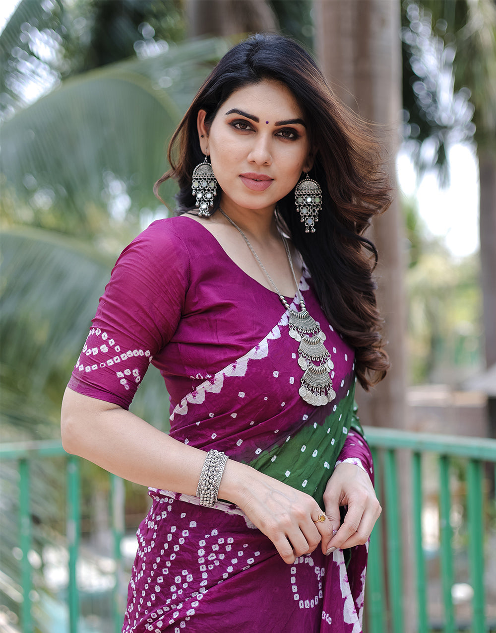 Purple & Green Hand Bandhej Bandhani Saree With Zari Weaving Work