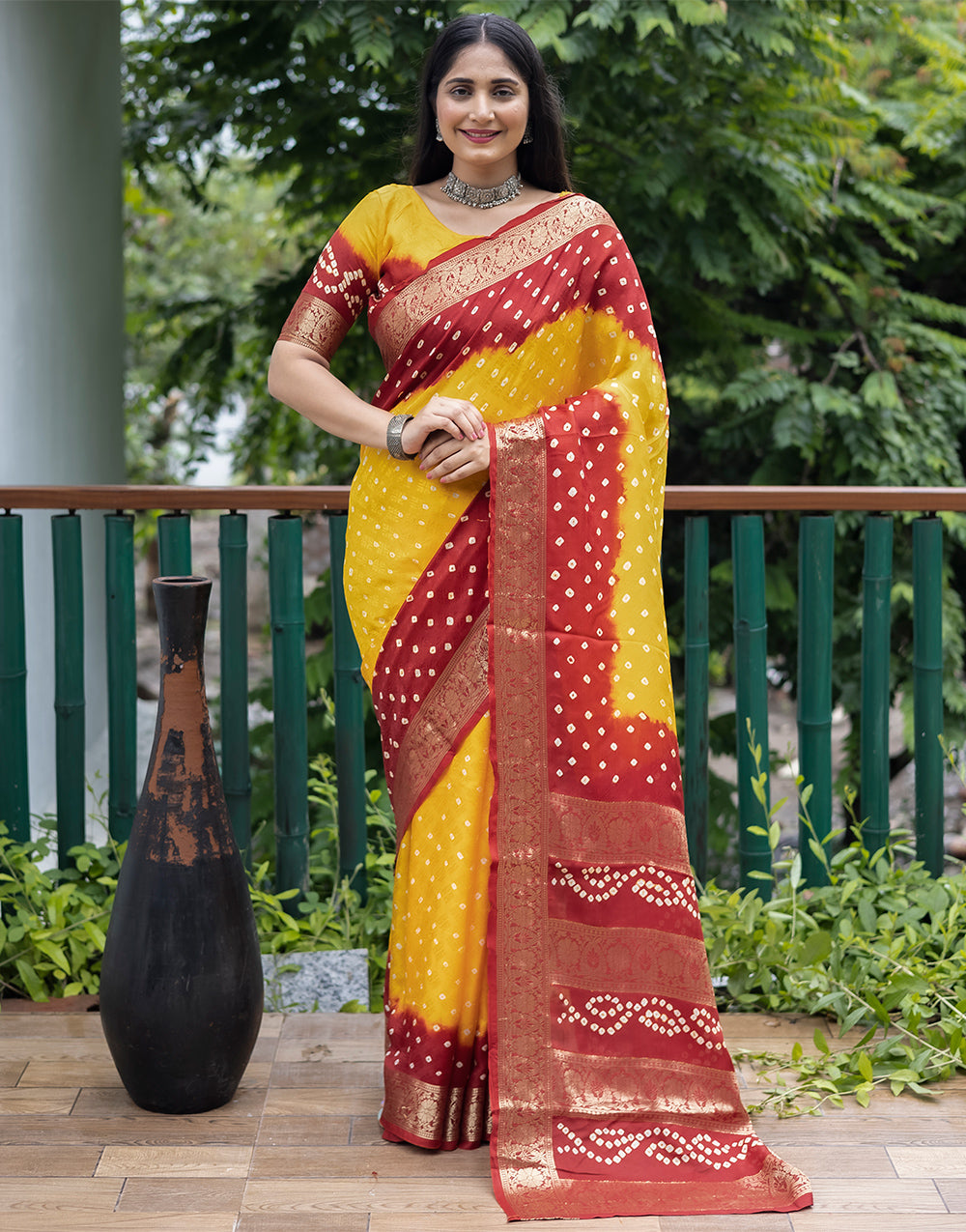 Amber Yellow & Red Hand Bandhej Bandhani Saree With Weaving Work