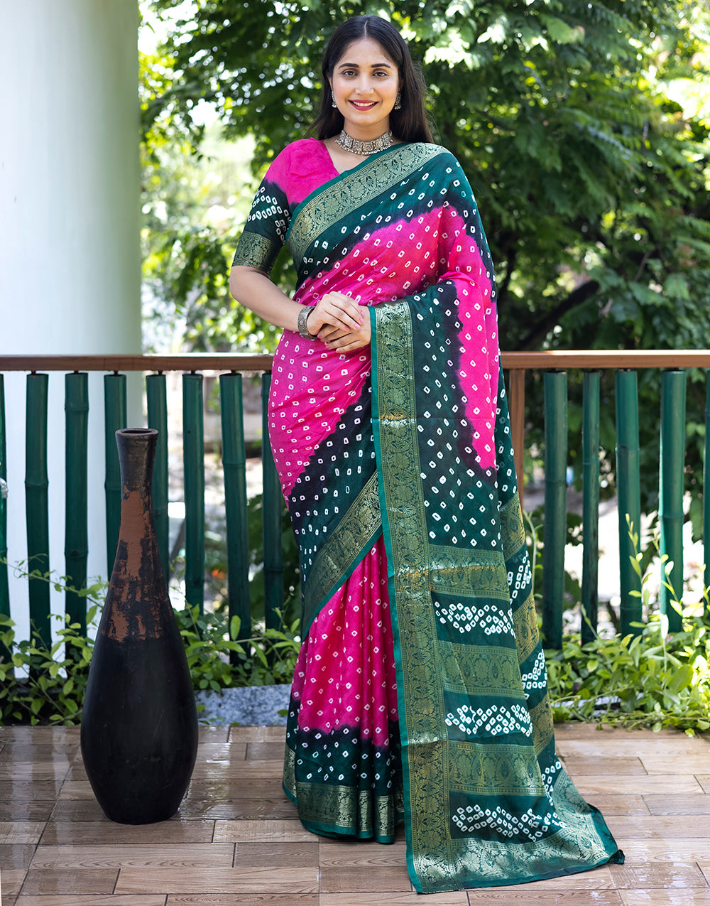 Rani Pink & Dark Green Hand Bandhej Bandhani Saree With Weaving Work
