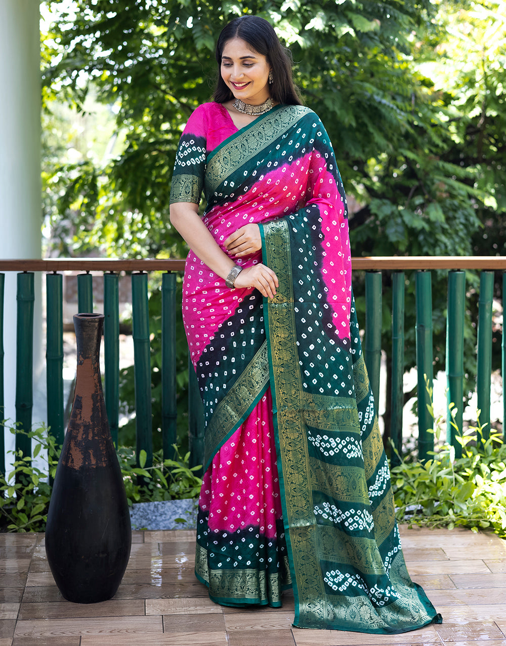 Rani Pink & Dark Green Hand Bandhej Bandhani Saree With Weaving Work