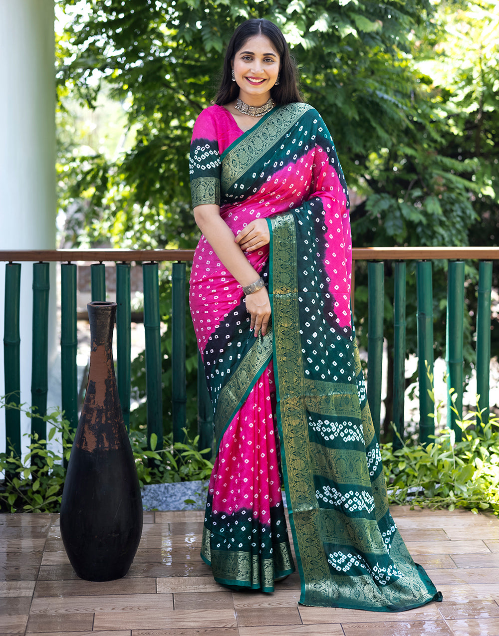 Rani Pink & Dark Green Hand Bandhej Bandhani Saree With Weaving Work