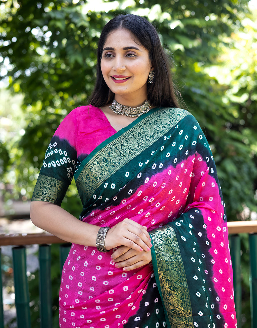 Rani Pink & Dark Green Hand Bandhej Bandhani Saree With Weaving Work