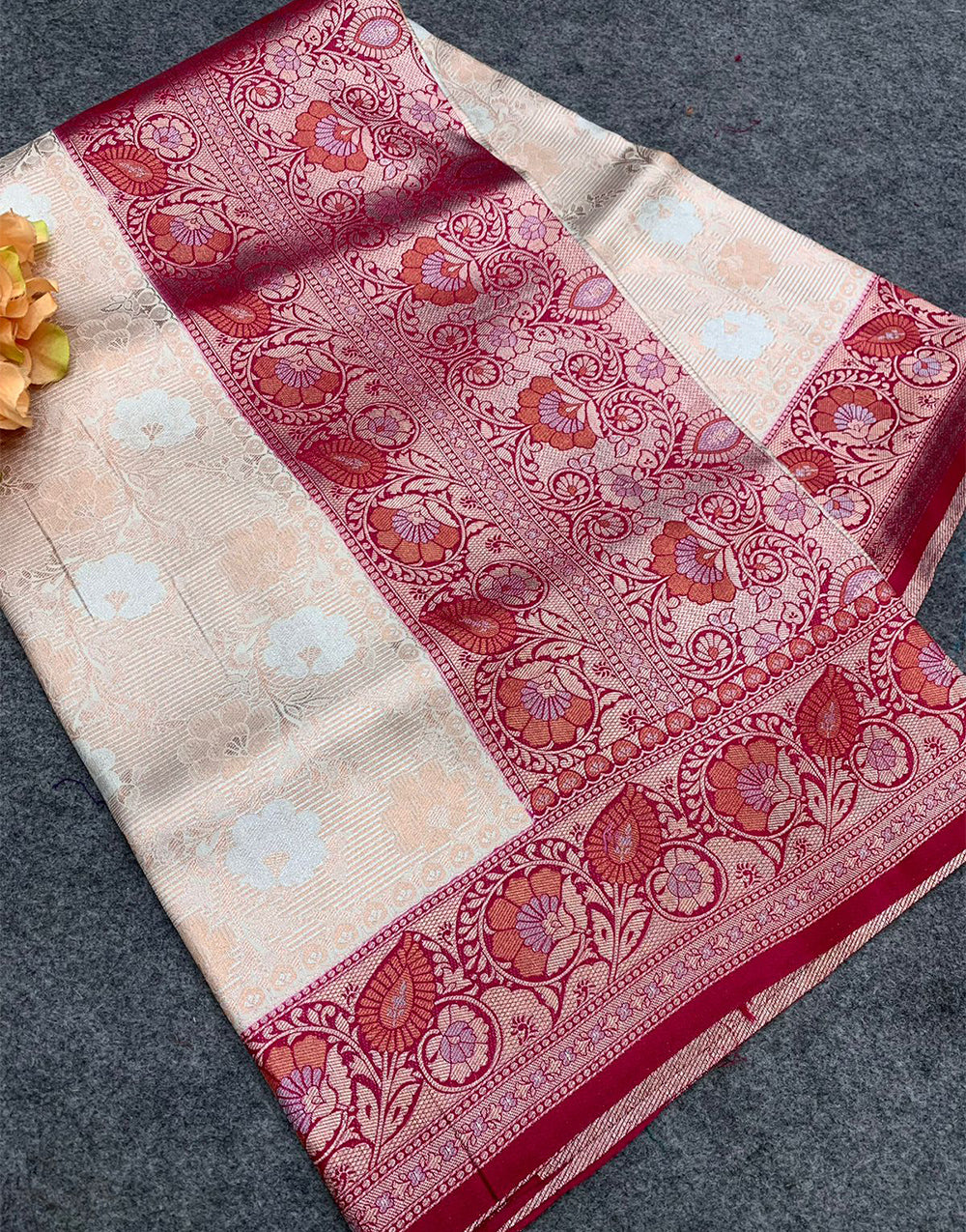 Beige & Rani Pink Kanjivaram Silk Saree With Zari Weaving Work