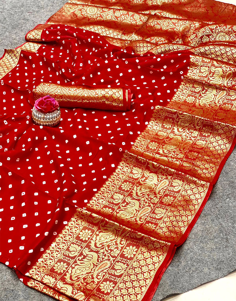 Red Bandhani Saree With Zari Weaving Work