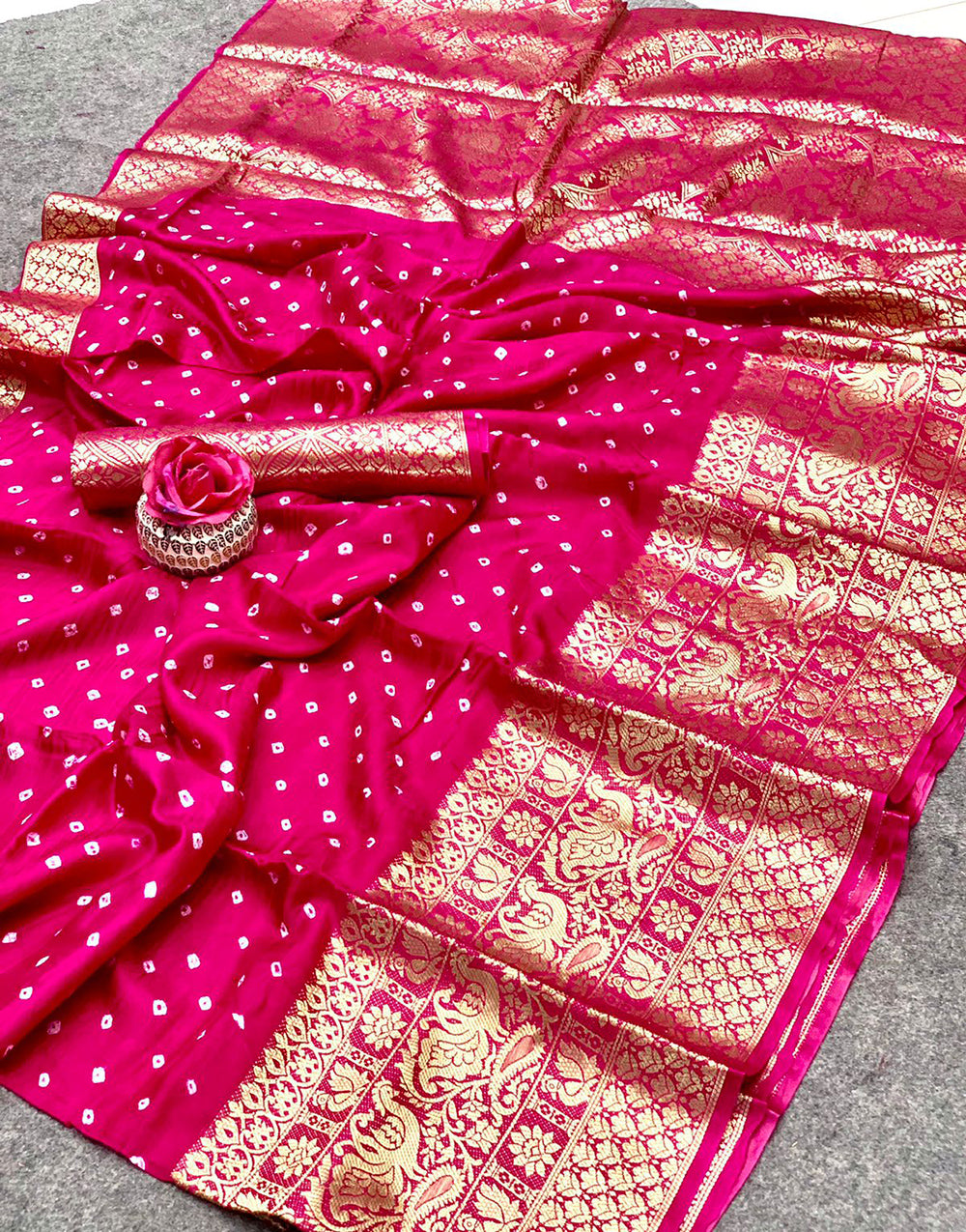 Rani Pink Kanjivaram Silk Bandhani Saree With Zari Weaving Work