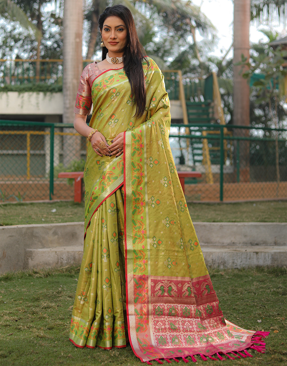Yellow Green Organza Saree With Weaving Work