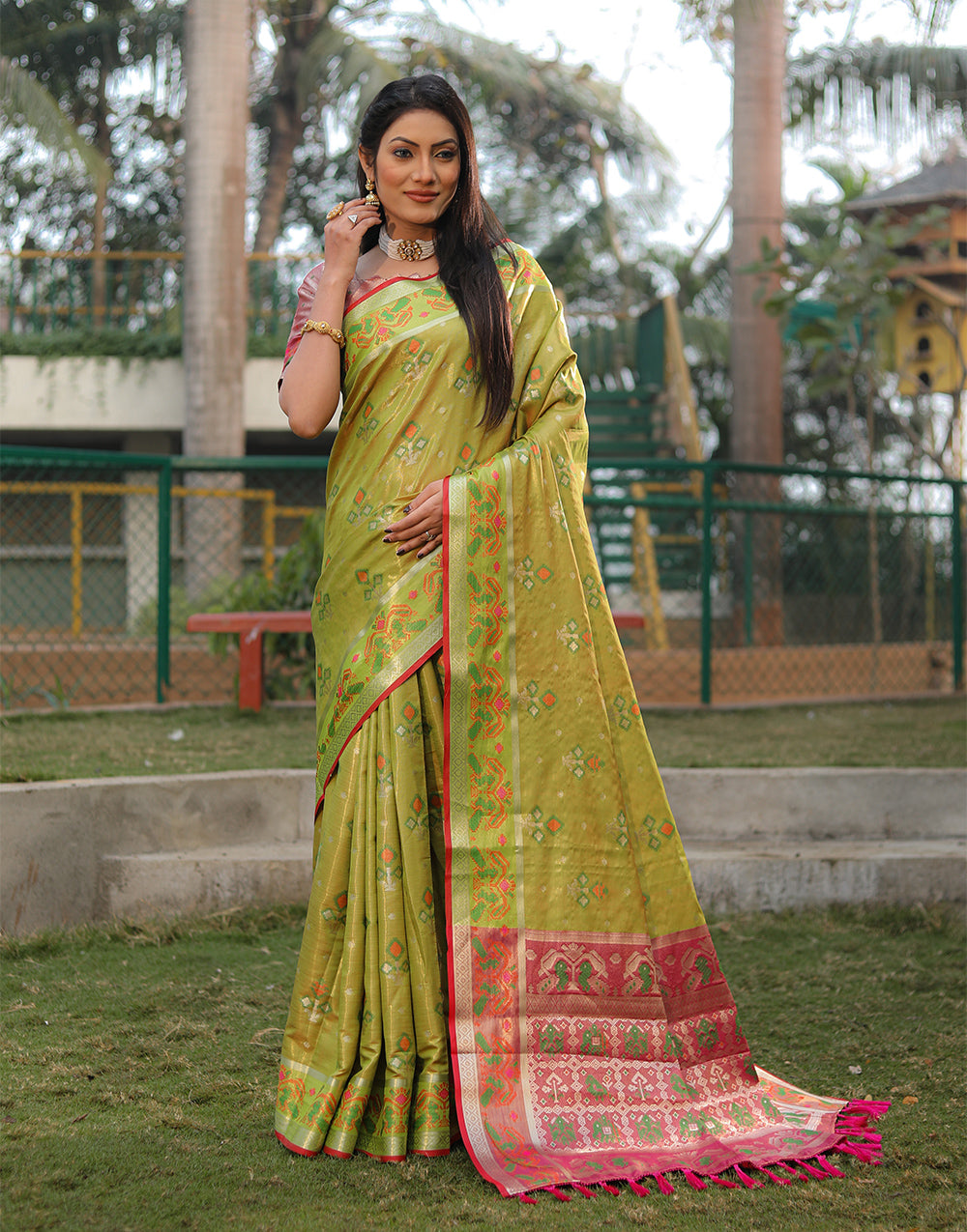 Yellow Green Organza Saree With Weaving Work