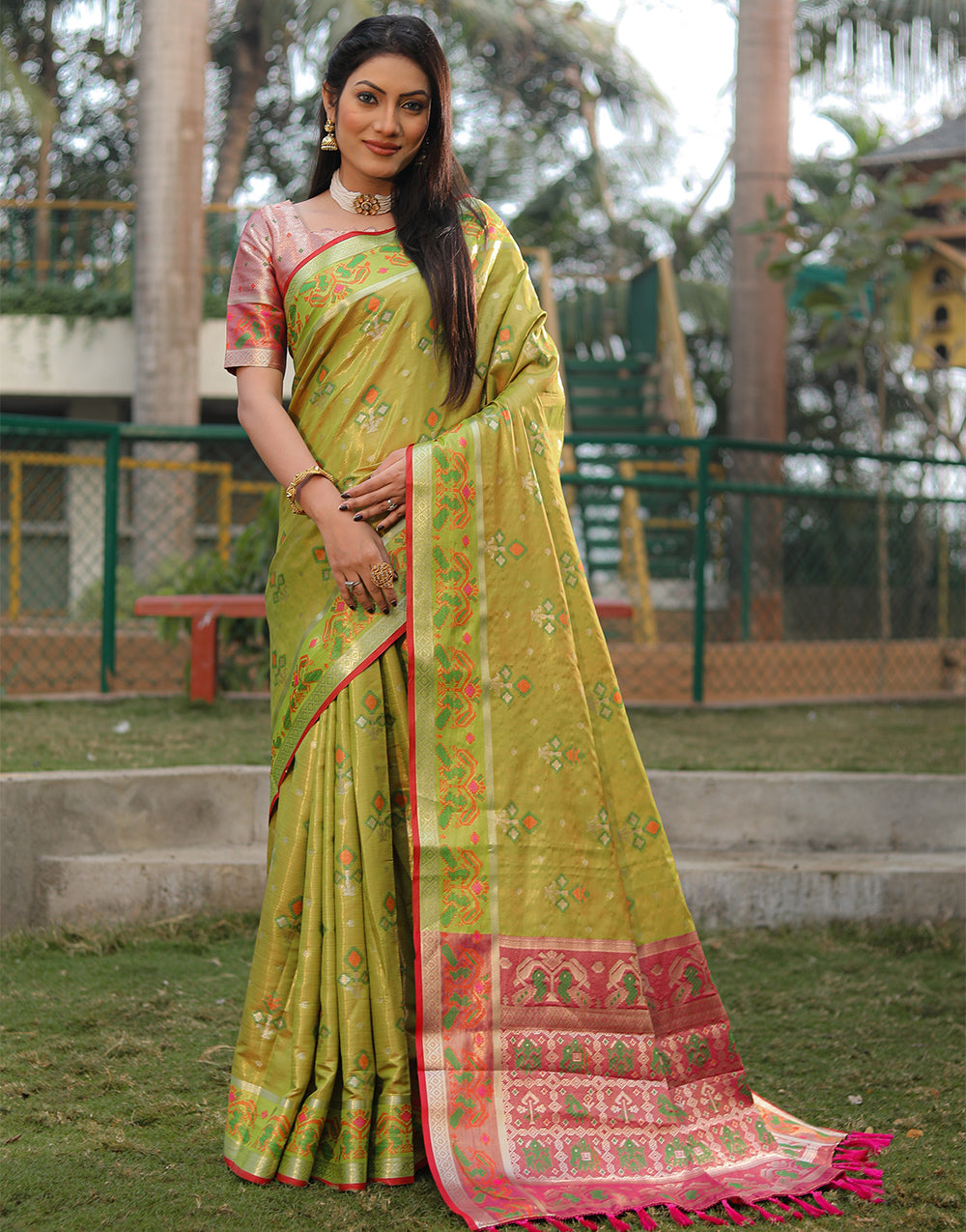Yellow Green Organza Saree With Weaving Work