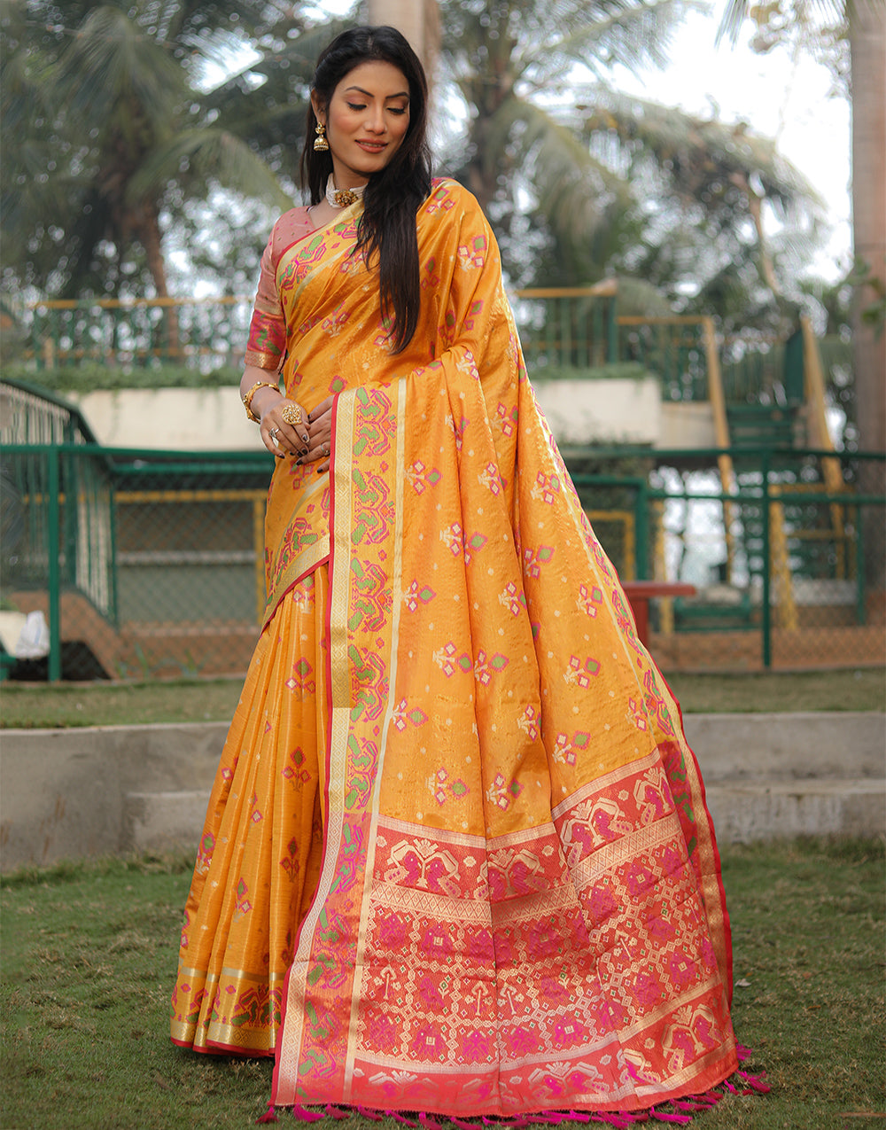 Dark Yellow Organza Saree With Weaving Work