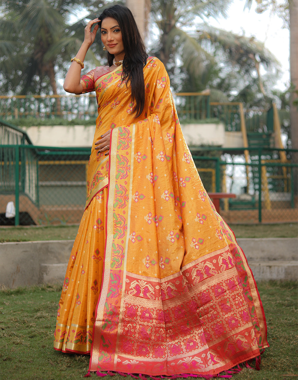 Dark Yellow Organza Saree With Weaving Work