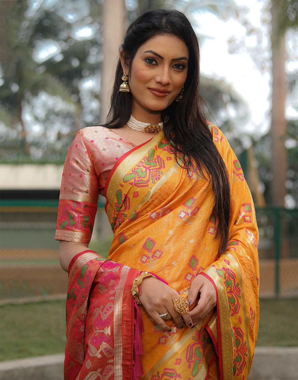 Dark Yellow Organza Saree With Weaving Work