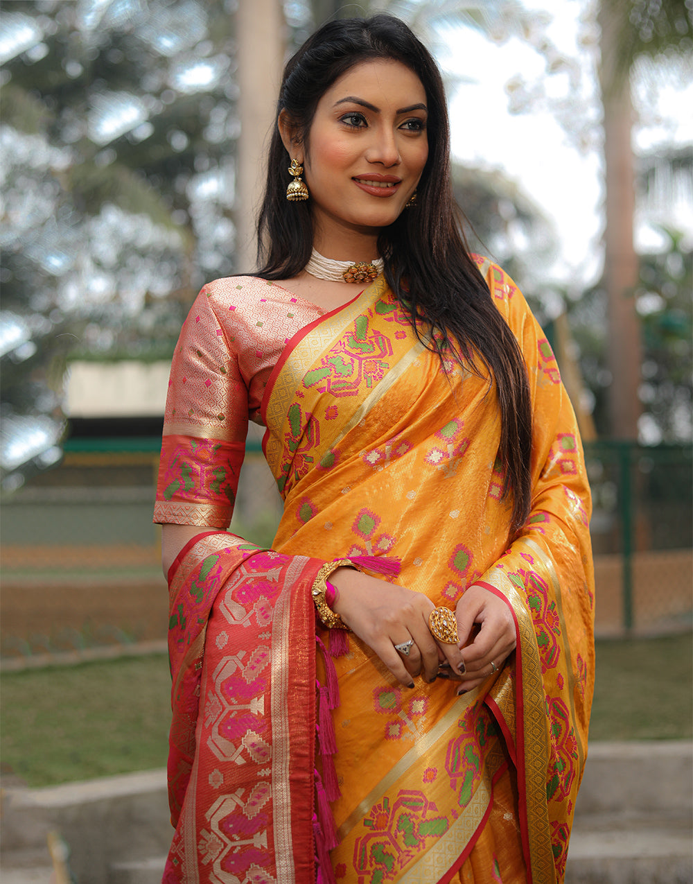 Dark Yellow Organza Saree With Weaving Work
