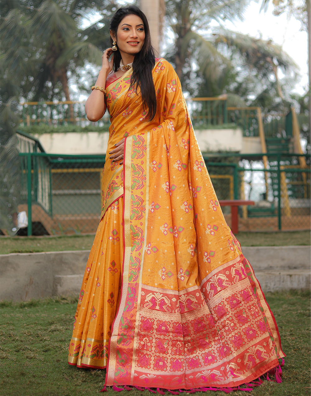 Dark Yellow Organza Saree With Weaving Work