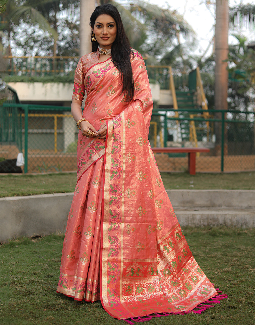 Vermillion Red Organza Saree With Weaving Work