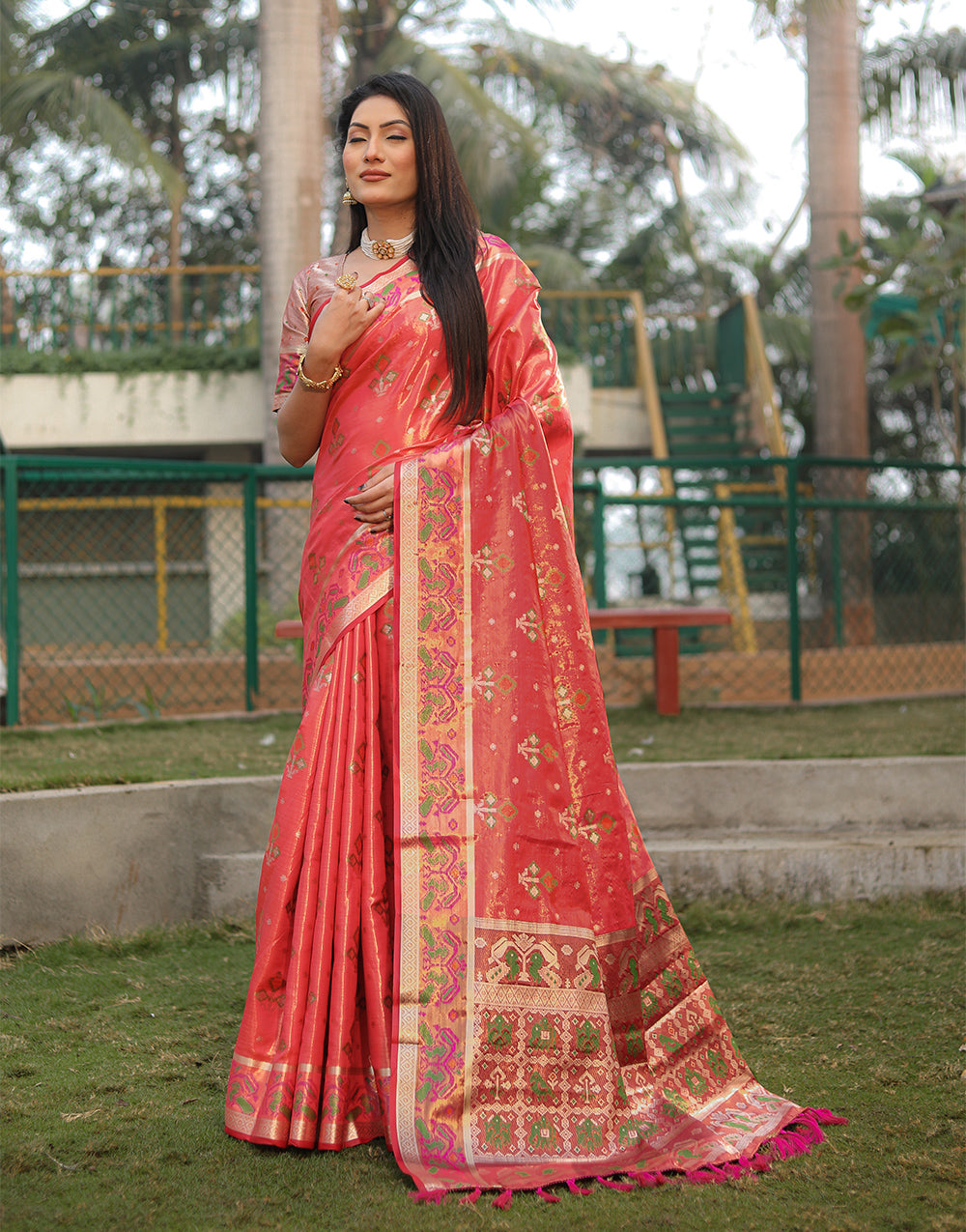 Vermillion Red Organza Saree With Weaving Work