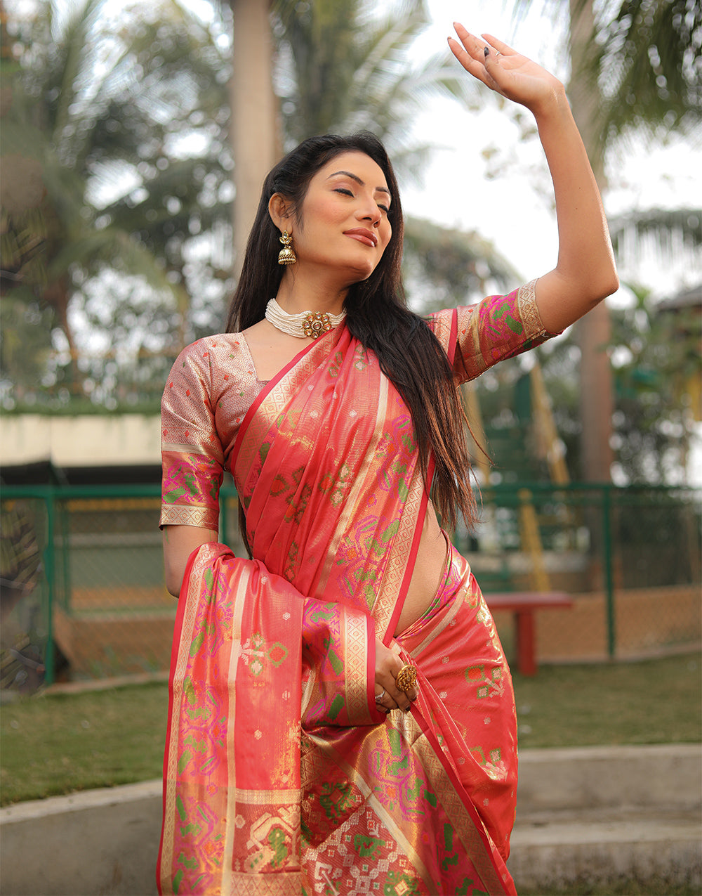 Vermillion Red Organza Saree With Weaving Work