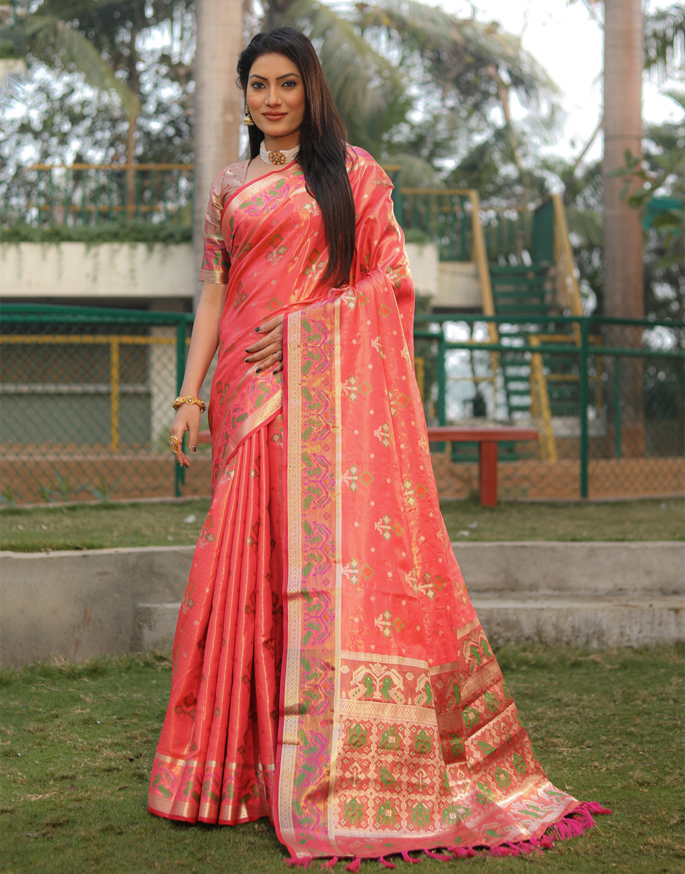 Vermillion Red Organza Saree With Weaving Work