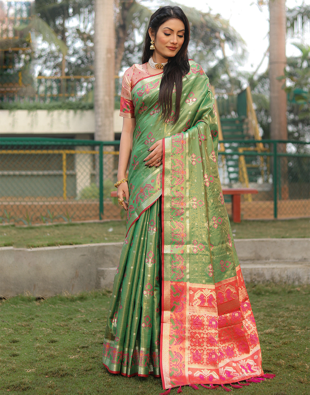 Fern Green Organza Silk Saree With Weaving Work