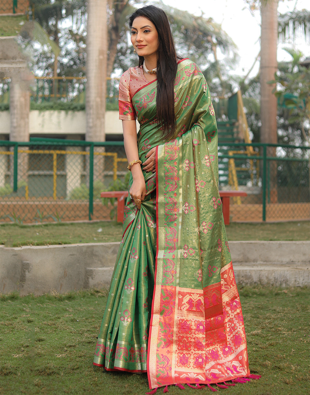 Fern Green Organza Silk Saree With Weaving Work