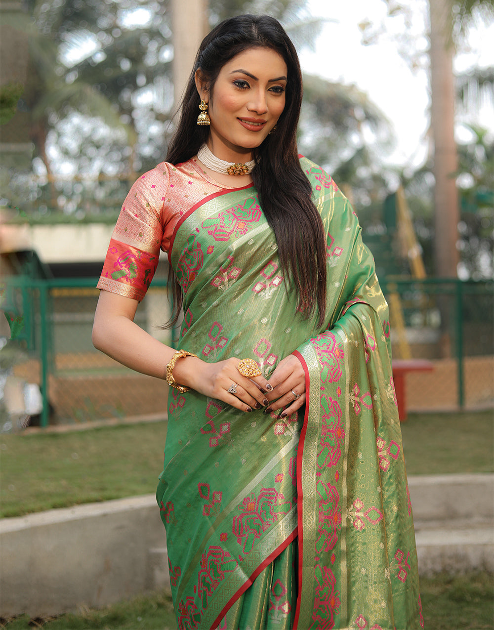Fern Green Organza Silk Saree With Weaving Work