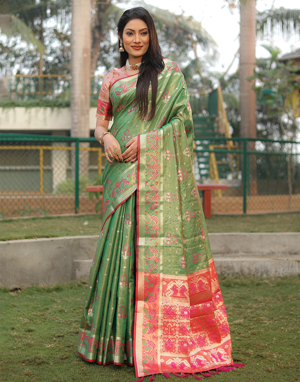 Fern Green Organza Silk Saree With Weaving Work