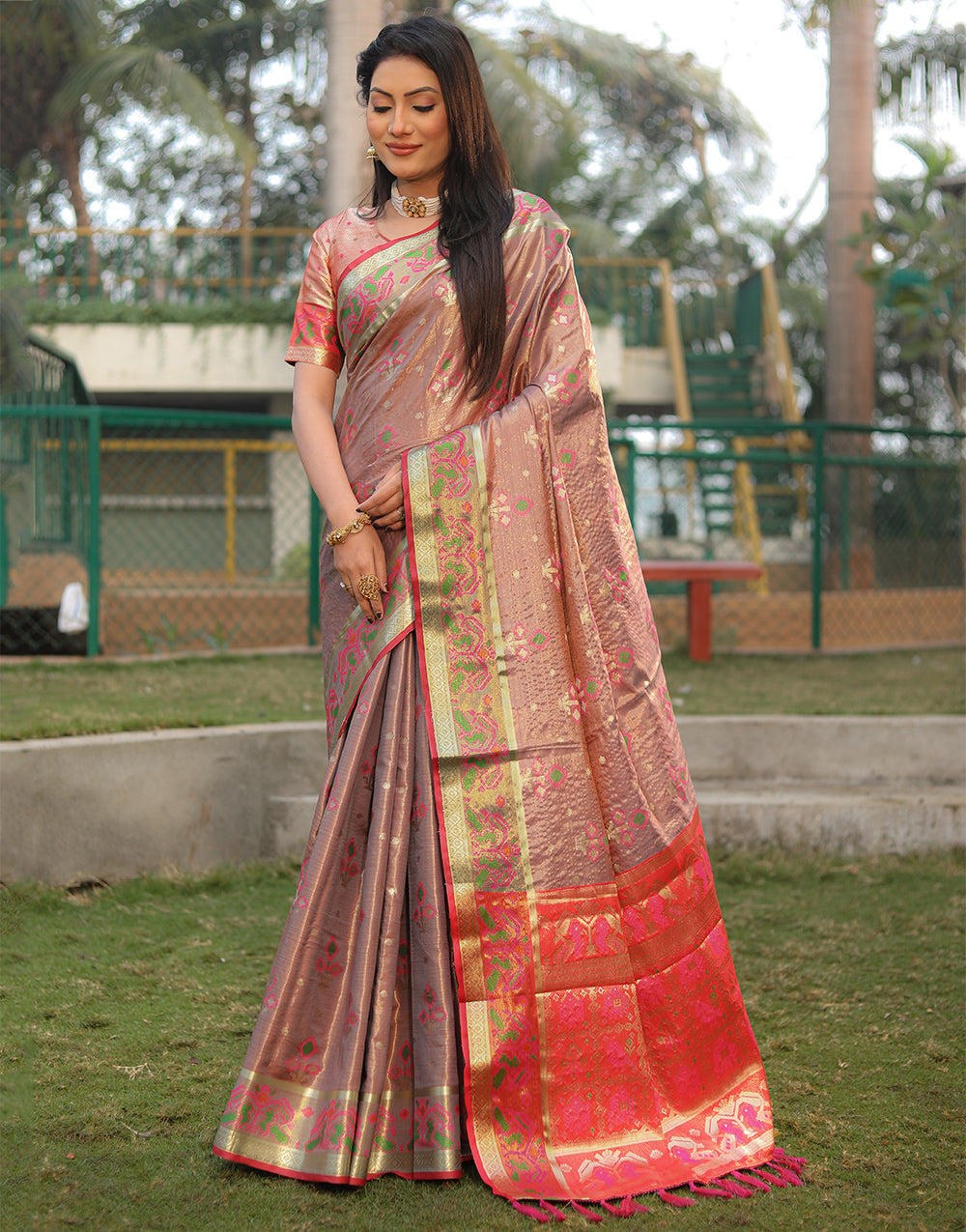 Coral Pink Silk Saree With Weaving Work