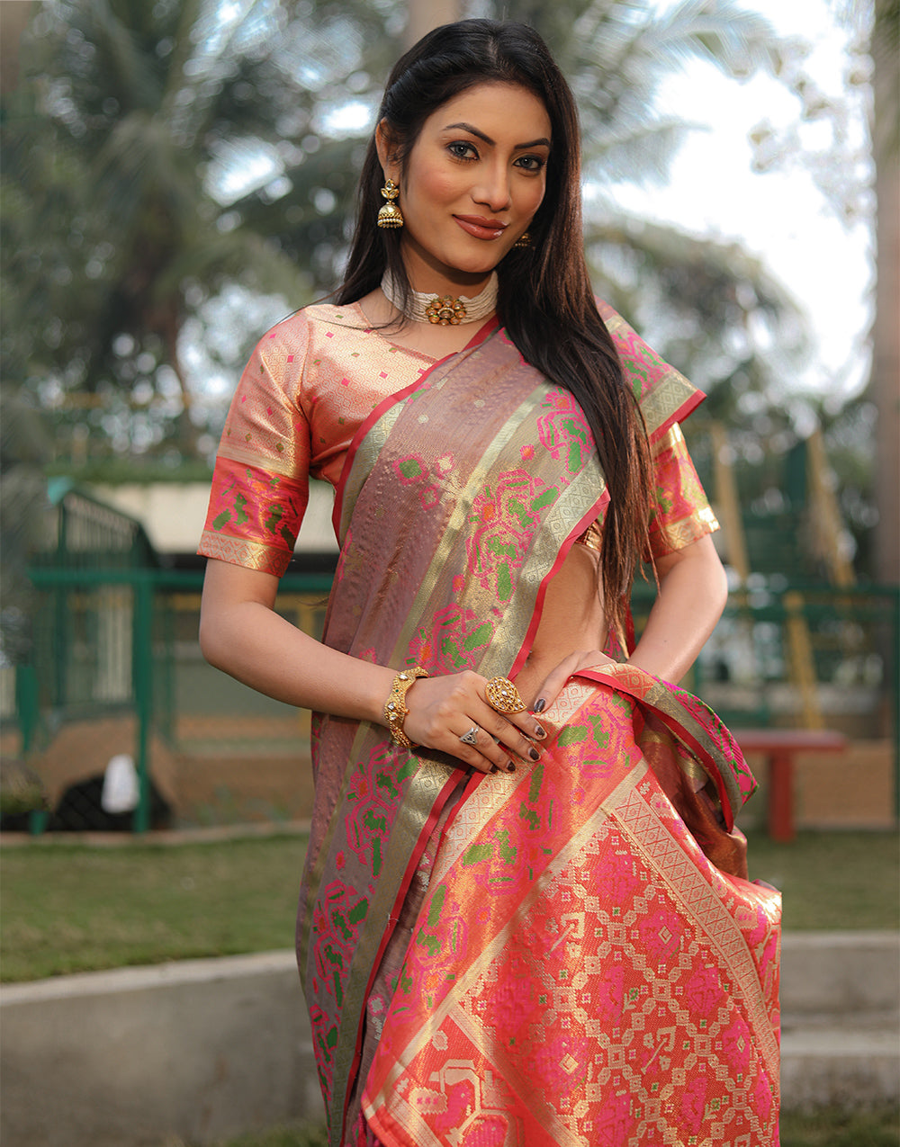 Coral Pink Silk Saree With Weaving Work