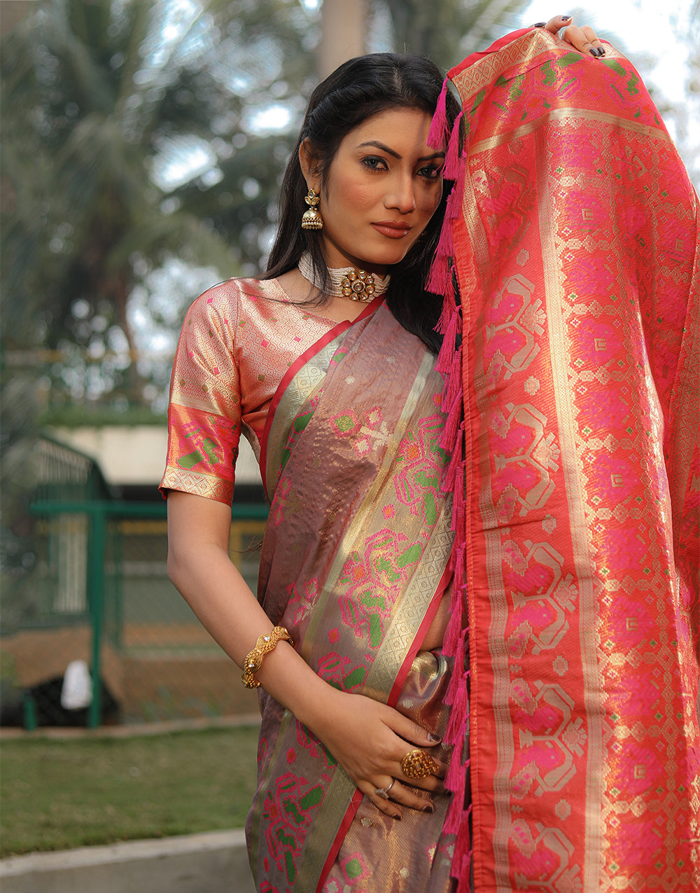 Coral Pink Silk Saree With Weaving Work