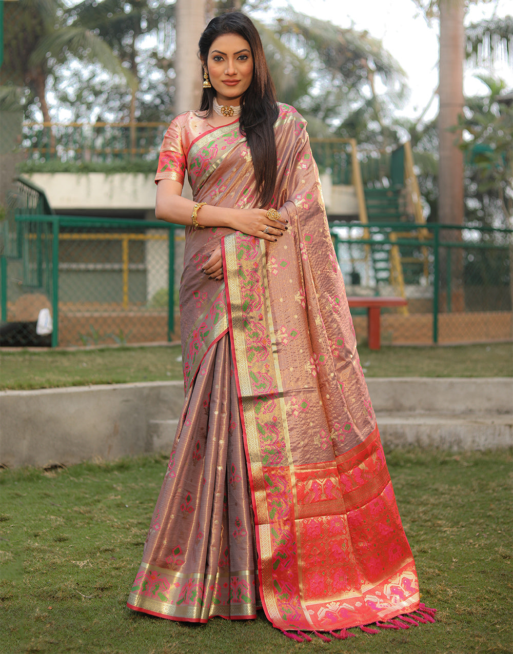 Coral Pink Silk Saree With Weaving Work
