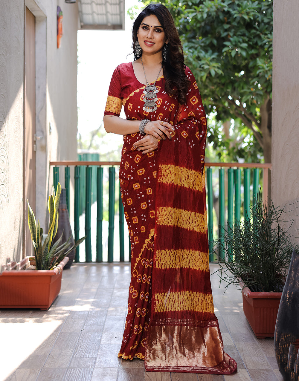 Maroon Hand Bandhej Bandhani Saree With Zari Weaving Work