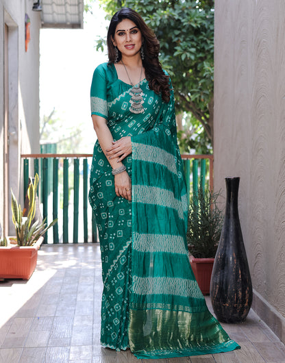 Teal Green Hand Bandhej Bandhani Saree With Zari Weaving Work