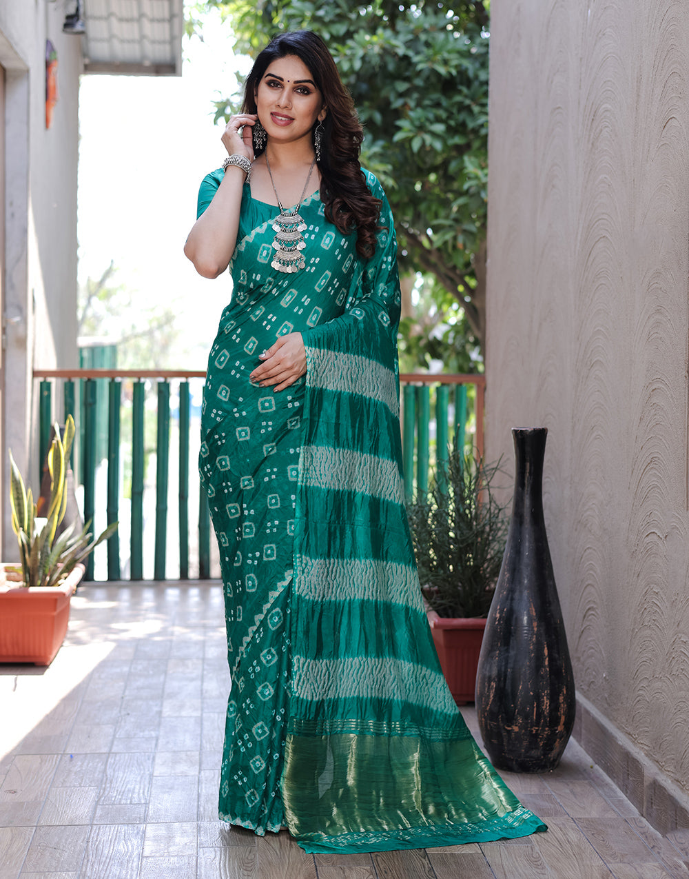 Teal Green Hand Bandhej Bandhani Saree With Zari Weaving Work