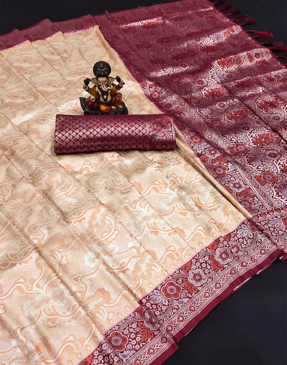 Creamy Peach Kanjivaram Silk Saree With Zari Weaving Work