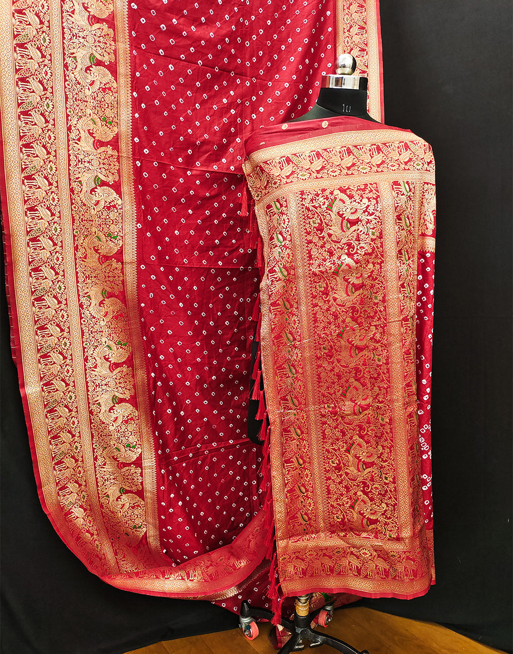 Cherry Red Bandhani Saree With Zari Weaving Work