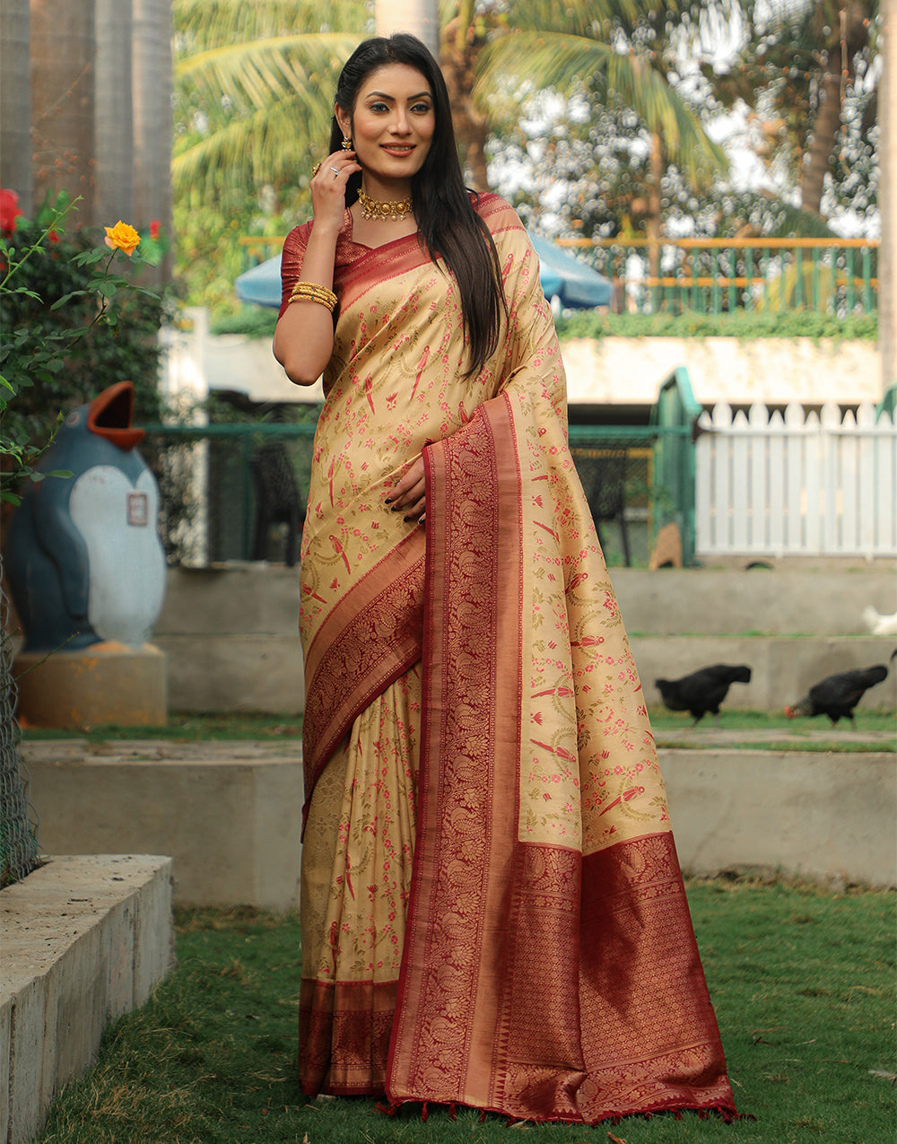 Indian Yellow Kanjivaram Soft Silk Saree With Weaving Work