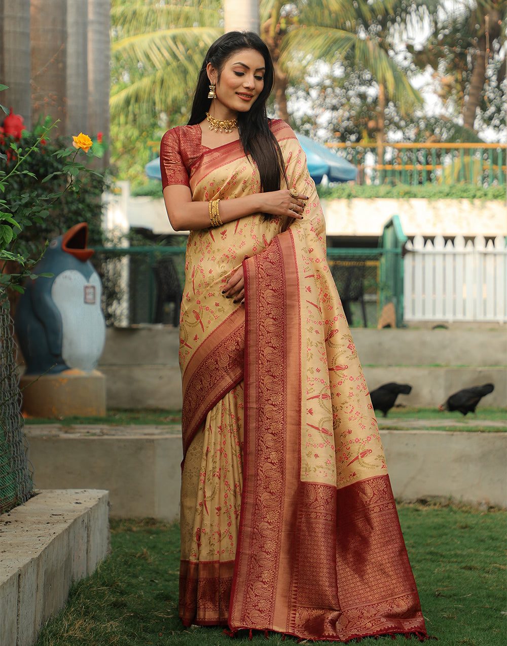 Indian Yellow Kanjivaram Soft Silk Saree With Weaving Work