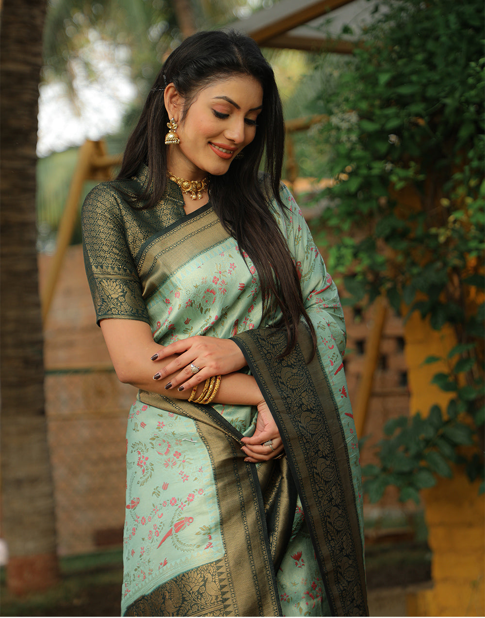 Mint Green Kanjivaram Soft Silk Saree With Weaving Work