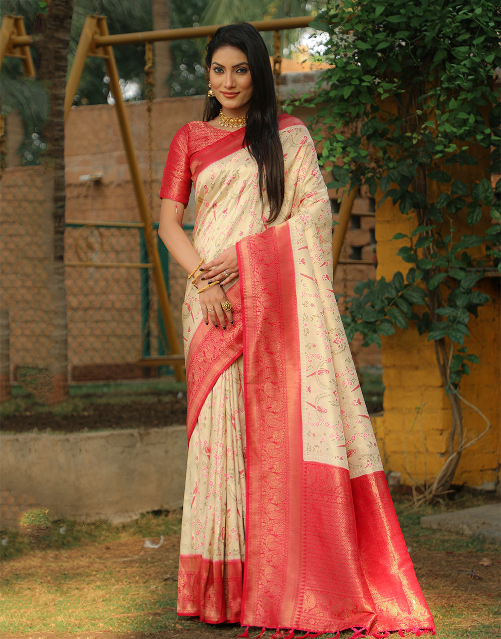 Dark Cream & Pink Kanjivaram Silk With Weaving Saree